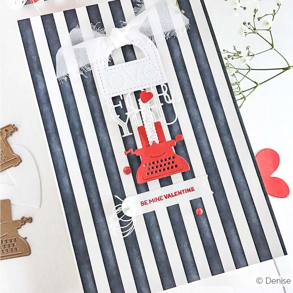 Handgefertigte Valentinskarte mit dem Alexandra Renke Motivstanze Schreibmaschinen Set, mit schwarzen Streifen, einer roten Schreibmaschine und dem Text "Be Mine Valentine".