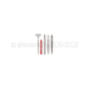 Fünf metallische Bastelwerkzeuge von Alexandra Renke, darunter ein rotes, sind nebeneinander auf weißem Hintergrund angeordnet – perfekt für die Verwendung mit Ihren Lieblingsprodukten von DieCut Systeme oder Designpapieren.