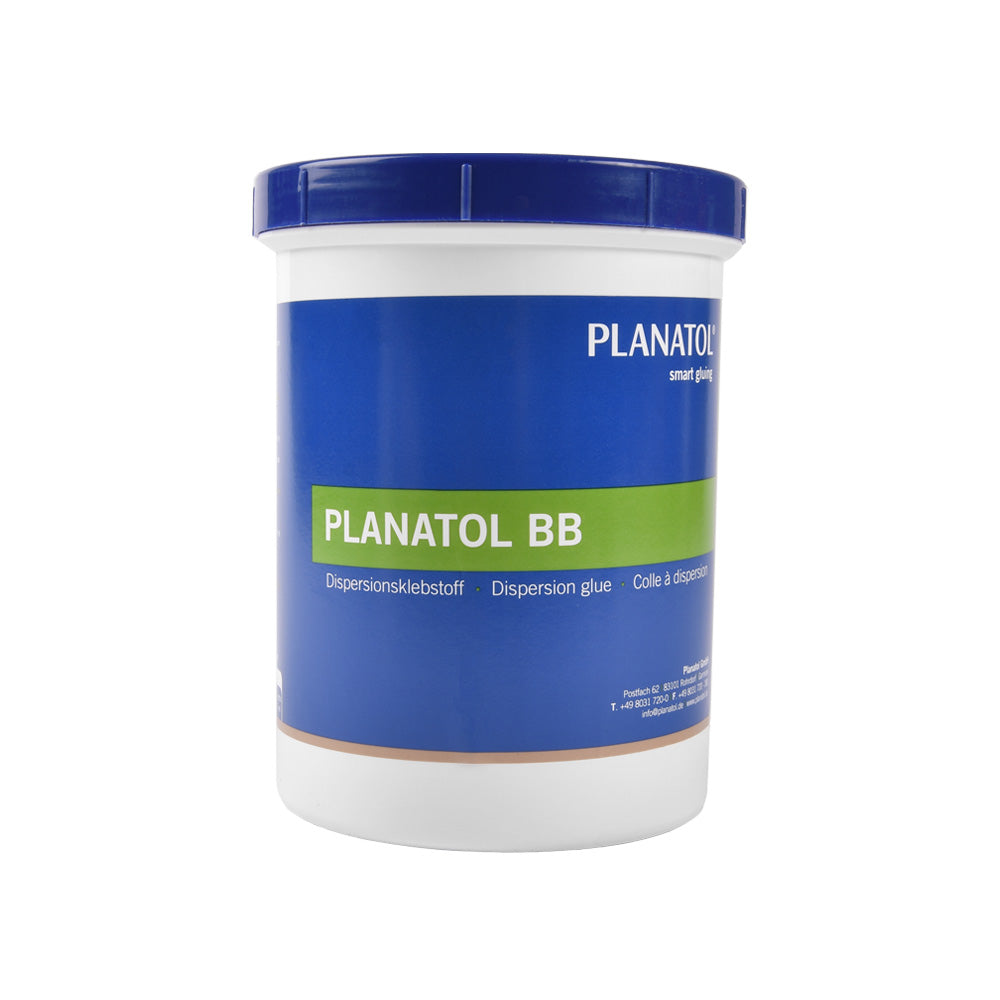 Planatol BB Dispersionsleim in einer weißen Kunststoffwanne mit blauem und grünem Etikett, ideal zum Bücher binden oder als Buchleim beim Schachteln.
