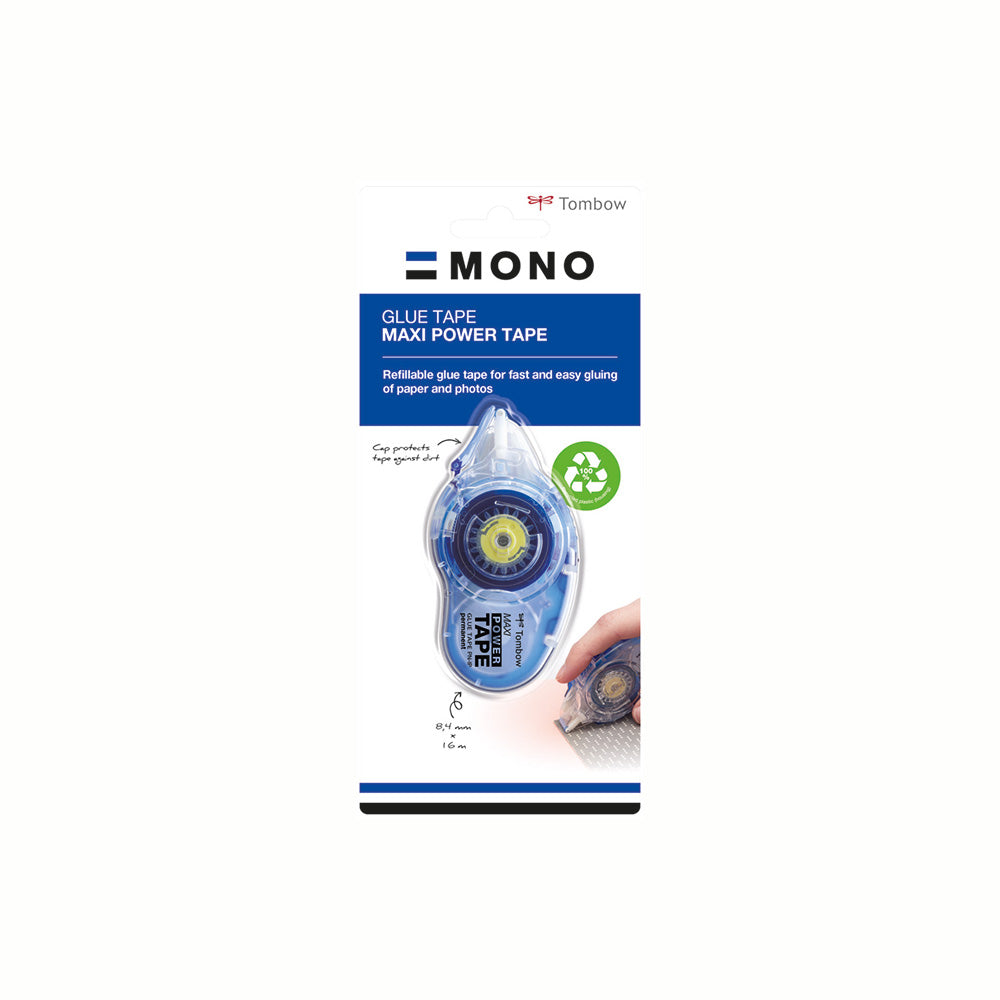 Der Tombow MONO maxi power tape Kleberoller ist nachfüllbar, kommt in Verpackung mit Produktdetails und Anwendungshinweisen und überzeugt mit starkem Klebstoff.