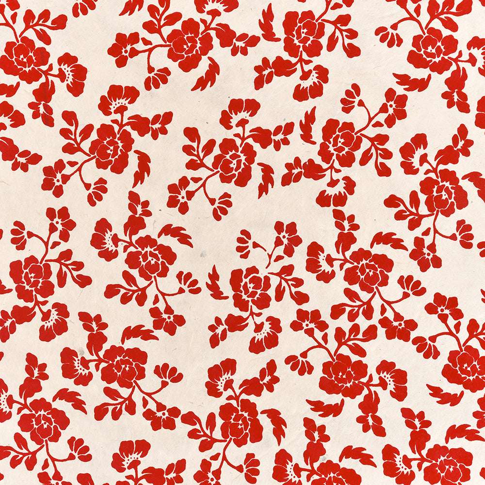 ☆ Rote florale Blütenmuster auf Weiß, mit sich wiederholenden stilisierten Blüten und Blättern - ideal für Geschenke Verpacken oder um Ihren Nepalpapier-Projekten einen Hauch von Eleganz zu verleihen.