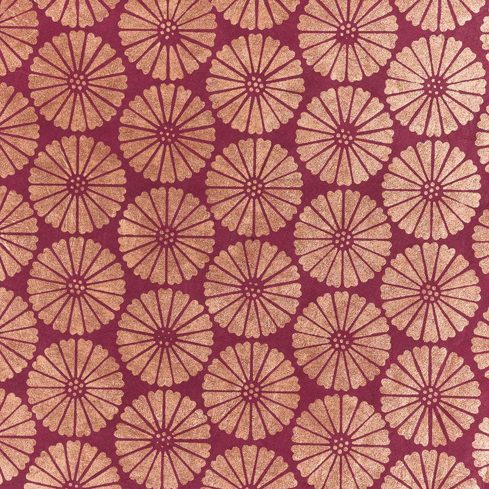 ☆ Nepalpapier in kastanienbraun mit goldfarbenen, geometrischen Blumenmustern, die sich in kreisförmigen Formen wiederholen - ideal für Geschenke Verpacken oder zum eleganten Veredeln Ihrer Buchbinden-Projekte.