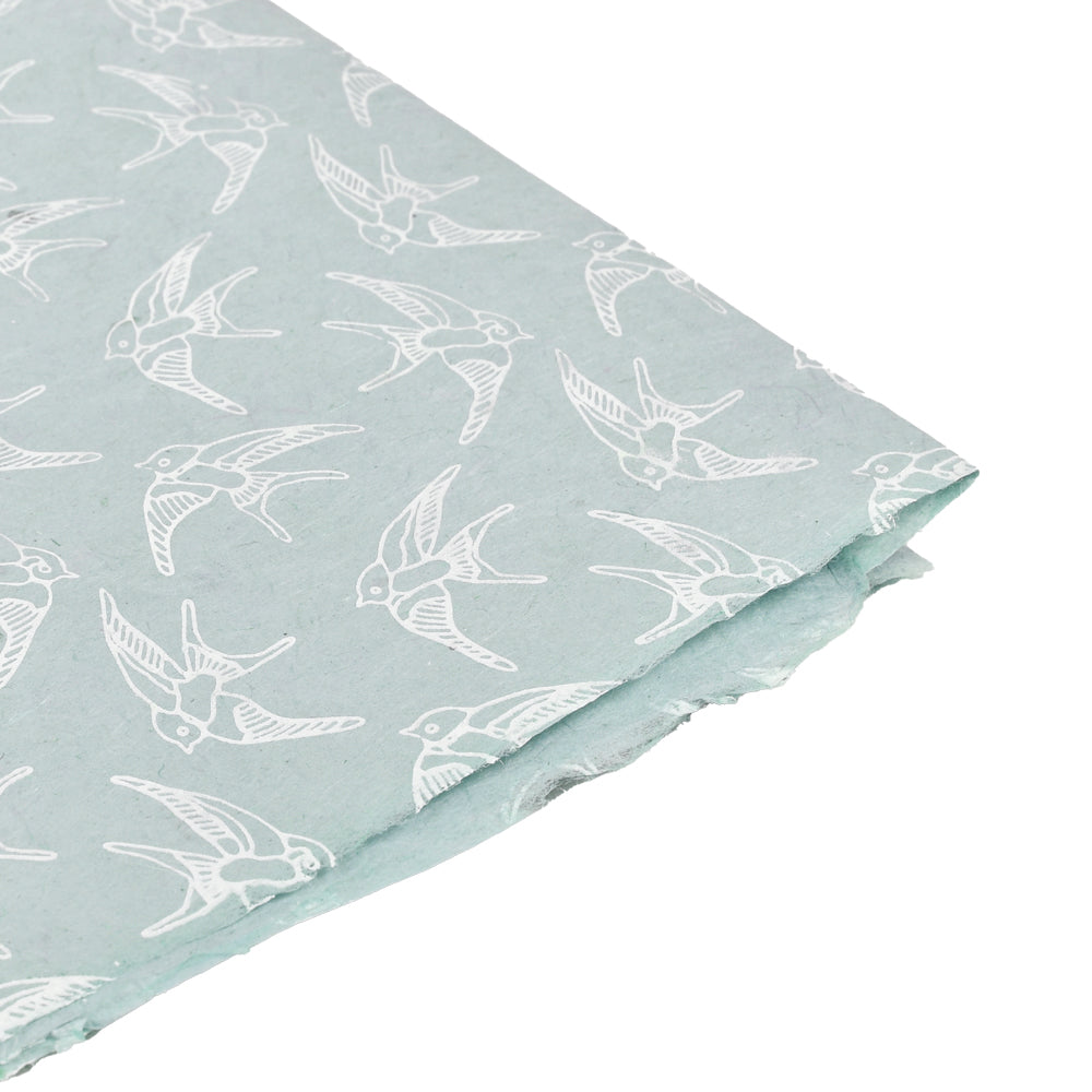 ☆ Hellblaues Nepalpapier mit einem sich wiederholenden weißen Vogelmuster und strukturierten, leicht eingerissenen Rändern – ideal zum Verpacken von Geschenken oder für Buchbindeprojekte.