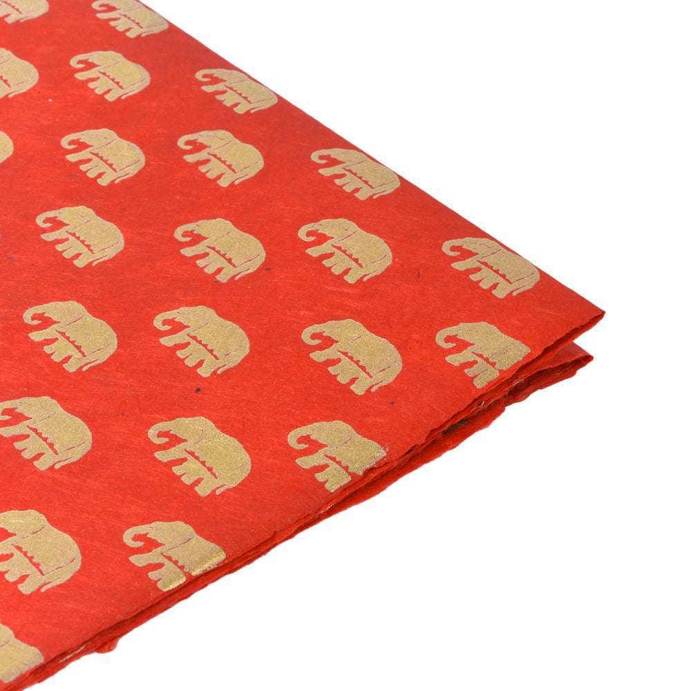 ☆ rotes Nepalpapier mit goldenem Elefantenmuster, ideal für Geschenkverpackungen oder Buchbindearbeiten.