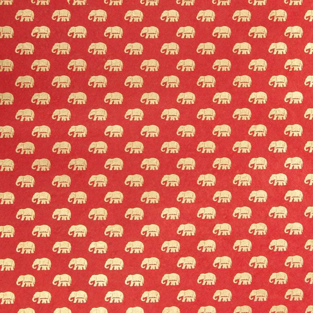 Goldene Elefantenmuster auf rotem Hintergrund mit regelmäßig angeordneten Elefanten Rot-Motiven - ideal zum Geschenkeverpacken mit hochwertigem Papier von ☆.