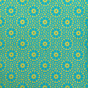 Gelb- und türkisfarbenes geometrisches Blumenmuster mit Gänseblümchen und Sternen auf türkisfarbenem Hintergrund, ideal zum Verpacken von Geschenken oder für Bastelarbeiten. Gedruckt auf nachhaltigem Papier von ☆ für einen umweltfreundlichen Touch.
