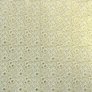 Gold-weiße Blumentapete mit kleinen gänseblümchenartigen Blüten und gewundenen Blättern auf Beige, inspiriert vom Blumenmuster Seegrün - ideal für einzigartiges Nepalpapier oder kreatives Geschenke Verpacken. Marke: ☆.