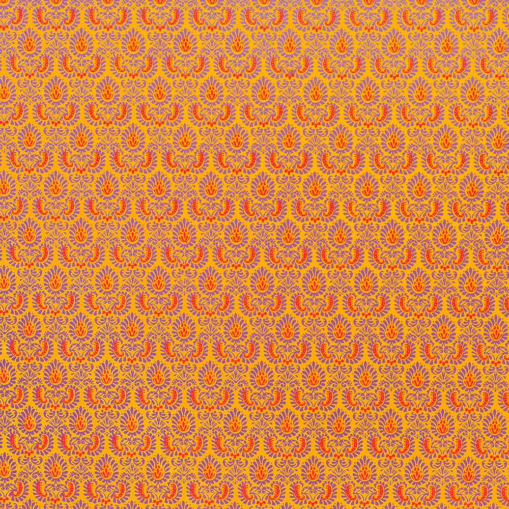 Die Marke ☆ zeigt ein leuchtend orange-gelbes Blumenmuster auf rosafarbenem Nepalpapier, das sich symmetrisch wiederholt - ideal für Handarbeiten oder Geschenkverpackungen.