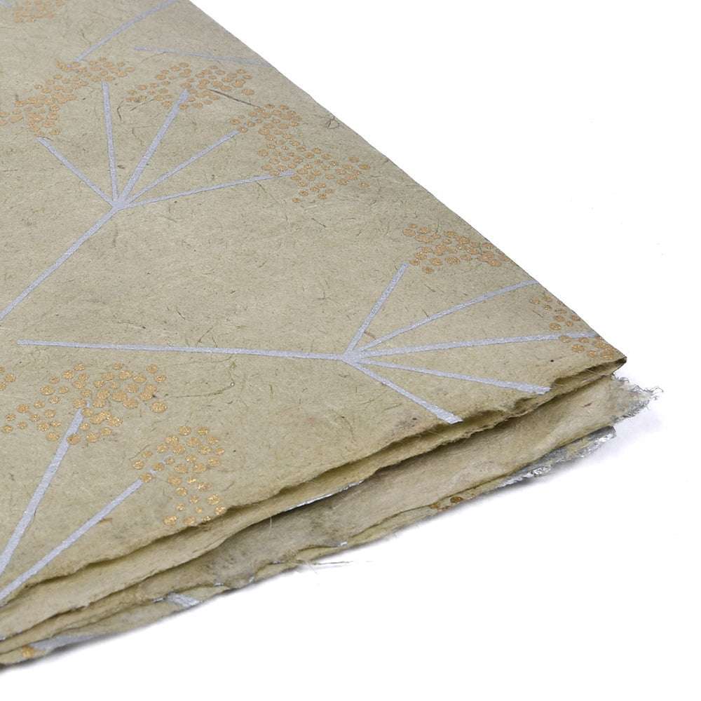 Ein Stapel ☆ strukturiertes beiges Nepalpapier mit weißen Linien und goldgepunkteten Blumenmustern - ideal zum Buchbinden oder Verpacken von Geschenken.