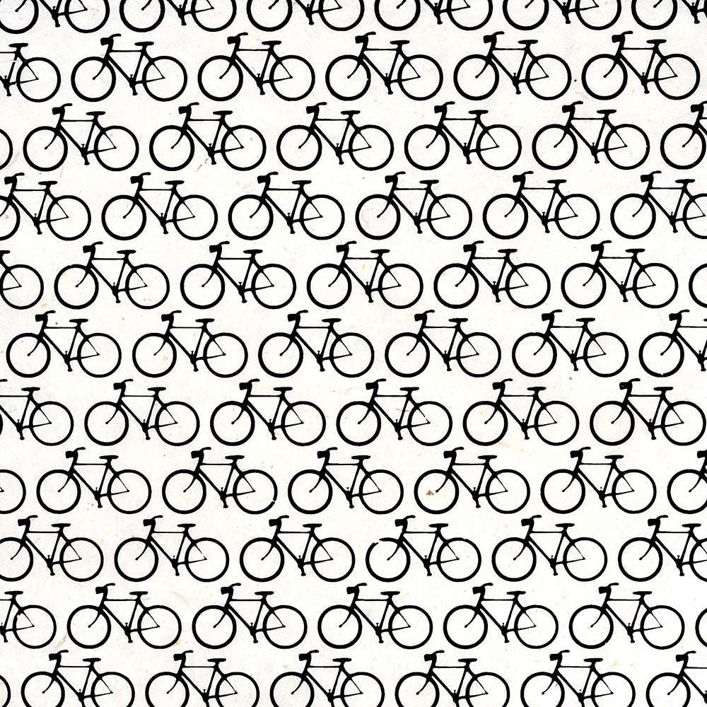 Ein sich wiederholendes Muster aus einfachen schwarzen Fahrradillustrationen auf weißem Hintergrund von ☆, perfekt für Geschenke Verpacken oder kreative Buchbinden-Projekte.