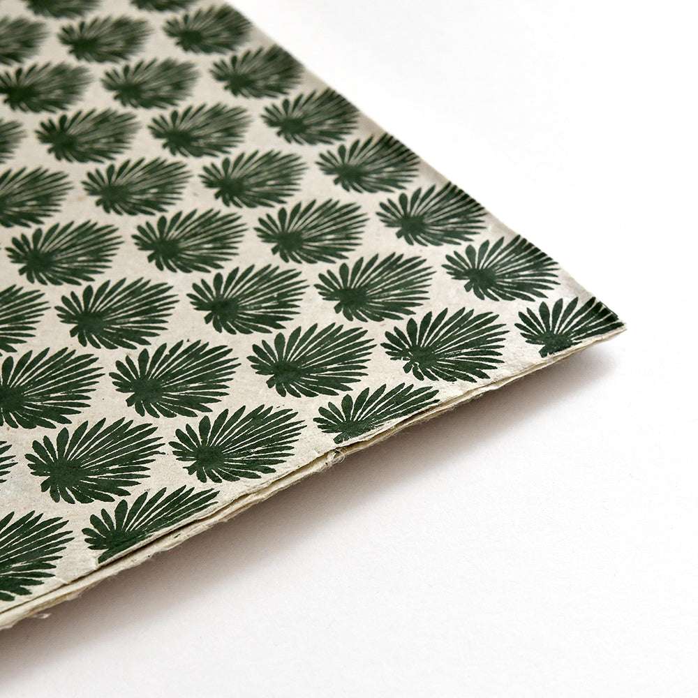 ☆ Blatt Papier mit einem sich wiederholenden dunkelgrünen Palmblattmuster auf hellem Hintergrund, ideal für Buchbinden oder Geschenke Verpacken, auf einer weißen Fläche.