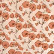 Beigefarbener Hintergrund mit sich wiederholenden großen und kleinen orangefarbenen Blumen und dünnen braunen Stielen - ideale ☆ Nepalpapiere zum Buchbinden oder Verpacken von Geschenken.