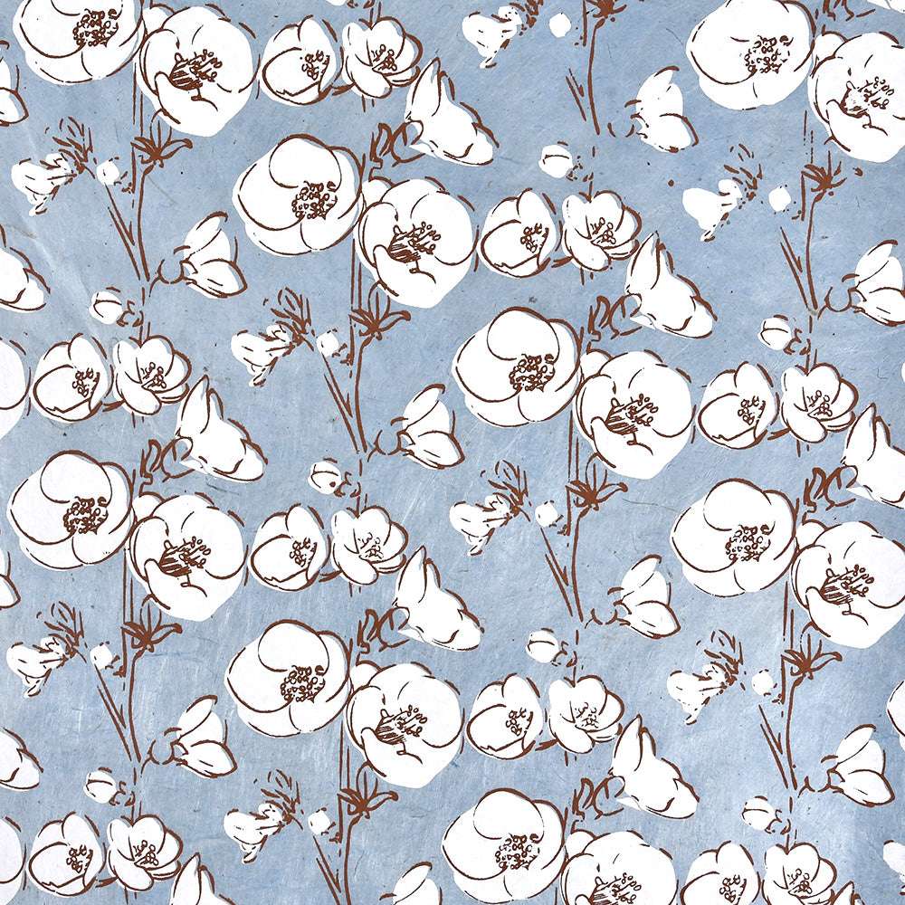 Weiße Blumen mit braunen Konturen und Stängeln auf einem hellblauen, strukturierten Nepalpapier-Hintergrund von ☆-ideal für Geschenkverpackungen oder Buchbinderei, dieses elegante Blumenmuster verleiht jedem Projekt Charme.