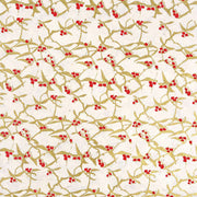 Goldene Ranken und rote Beeren wiederholen sich in einem symmetrischen Muster auf cremefarbenem Hintergrund - ideal für Buchbinden oder Geschenkverpackungen mit eleganten Nepalpapieren von ☆.