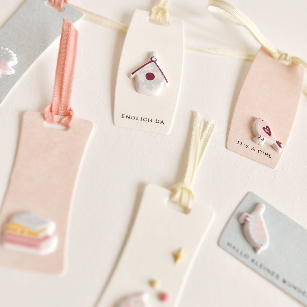 Sechs pastellfarbene Geschenkanhänger mit Baby-Motiven und Schleifen, verziert mit Vögeln, Büchern und deutschen Sprüchen auf weißem Hintergrund – perfekt für kreative Projekte oder als hübscher Akzent in deinem Bullet Journal.