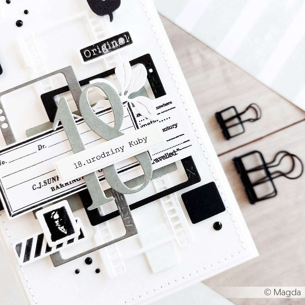 Handgefertigte Karte für 18. urodziny Kuby, mit Alexandra Renke Designpapieren und geschichteten Schwarz-Weiß-Grafiken, mit einer "18" geschnitten mit der Motivstanze Film Rahmen lang für ein einzigartiges Finish.