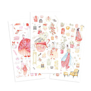 Drei illustrierte Bögen von Alexandra Renke, die Frauen, Mode, Möbel und Dekoration im Vintage-Stil zeigen - perfekt für Bastelprojekte oder um Ihre Rub-On Transferfolien im Stil der Figurenwelt Auszeit zu verzieren.