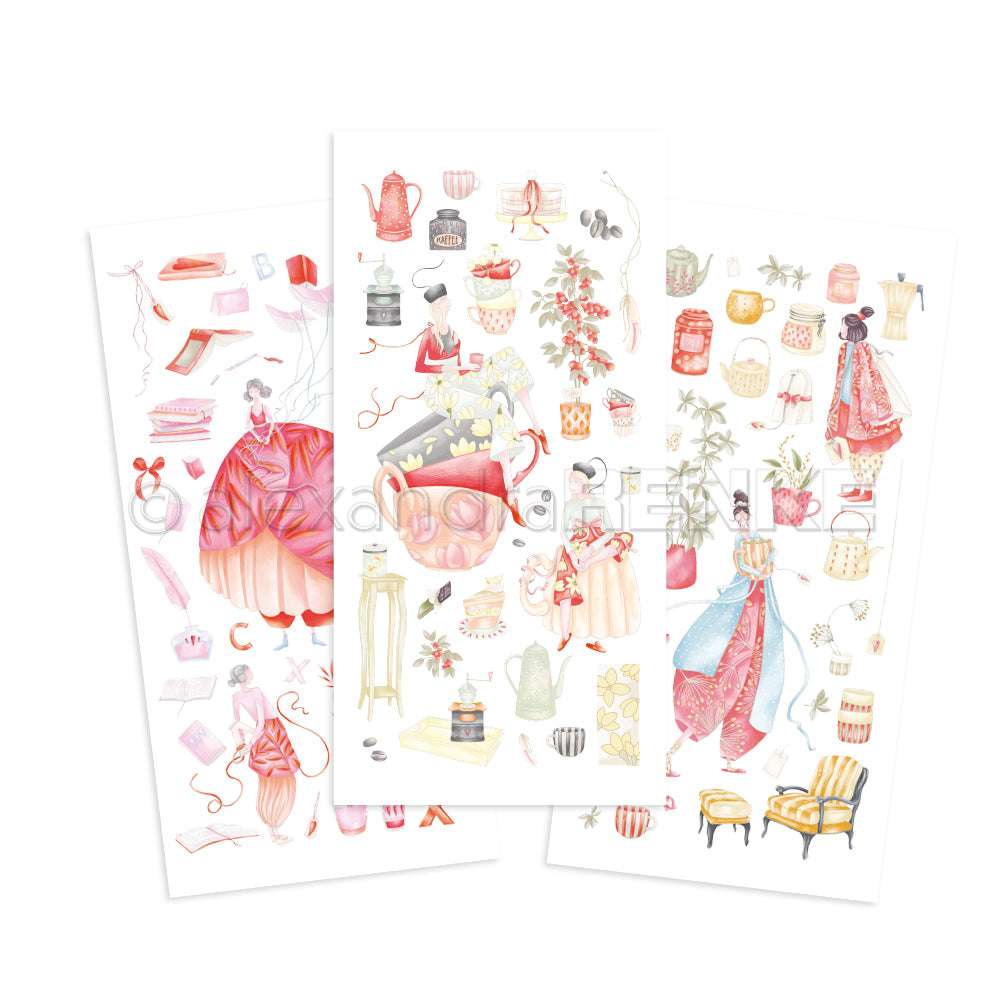 Drei illustrierte Bögen von Alexandra Renke, die Frauen, Mode, Möbel und Dekoration im Vintage-Stil zeigen - perfekt für Bastelprojekte oder um Ihre Rub-On Transferfolien im Stil der Figurenwelt Auszeit zu verzieren.