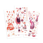 Drei illustrierte Bögen von Alexandra Renke zeigen rosa und rote Mode, Desserts, Herzen und skurrile Vintage-Elemente - ideal für Bastelprojekte oder zum Verzieren mit Rub-On Transferfolien.