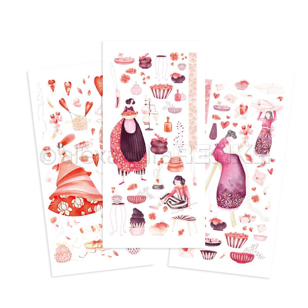 Drei illustrierte Bögen von Alexandra Renke zeigen rosa und rote Mode, Desserts, Herzen und skurrile Vintage-Elemente - ideal für Bastelprojekte oder zum Verzieren mit Rub-On Transferfolien.