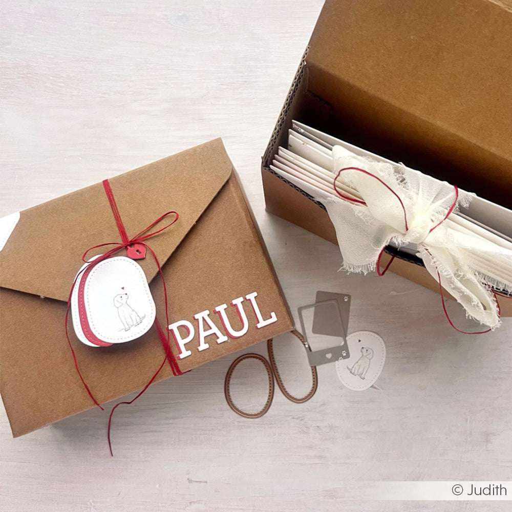 ☆ Geschenkverpackung "Paul" mit Anhängern, elegantem Band, Karten und Schere auf einer hellen Oberfläche - ideal für die stilvolle Aufbewahrung oder zum Verschenken.