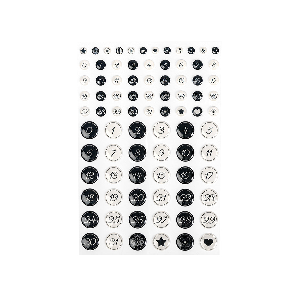 Bogen mit schwarz-weiß nummerierten Sticker Dots (1-31) im Kalligrafisch-Stil mit Sternen und Herzen von Alexandra Renke - ideal für Planer oder Kartengestaltung.