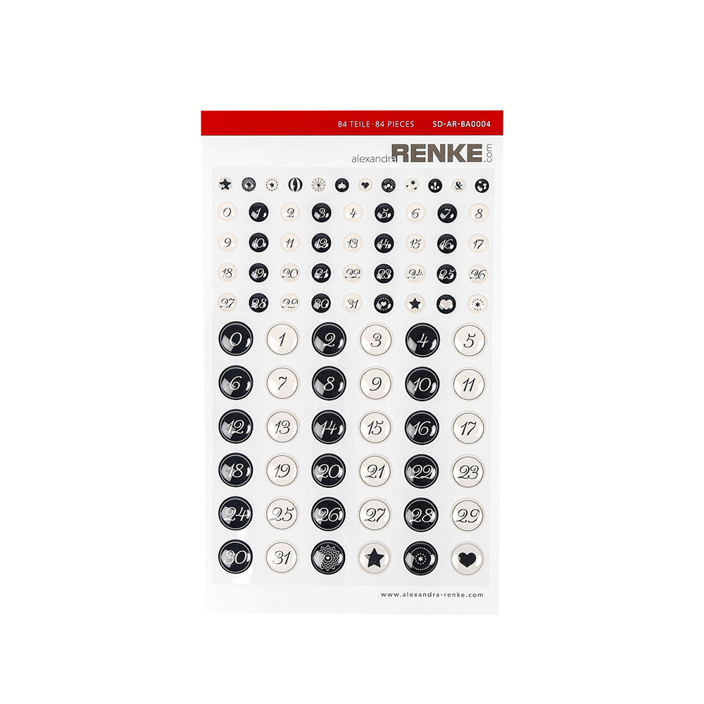 Ein Bogen Alexandra Renke Kalligrafisch Sticker Dots für die Kartengestaltung, enthält runde schwarz-weiße Klebesticker mit den Nummern 1-31 sowie Stern- und Herzsymbole.
