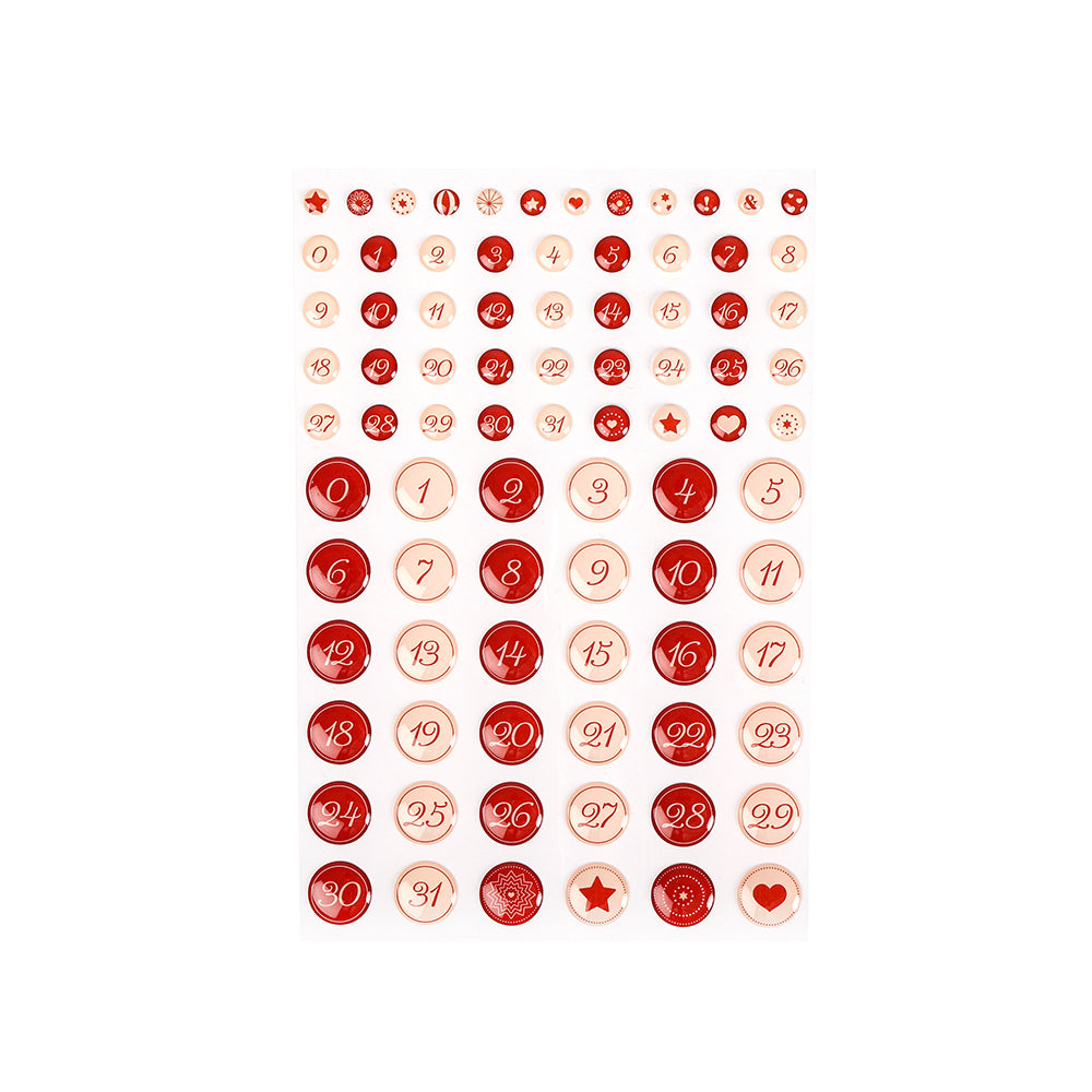 Alexandra Renke Bogen mit Aufklebern in Rot, Weiß und Rosa, nummeriert von 1-31, jeweils mit dekorativen Mustern, Sternen, Herzen und eleganten Kalligrafie-Aufklebern.