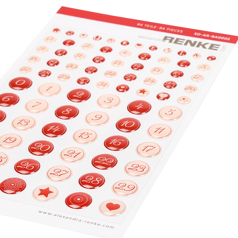 Ein Bogen Alexandra Renke Sticker Dots in Rot und Weiß, kalligrafisch nummeriert von 1-31 mit festlichen Symbolen und Mustern - perfekt für kreative Projekte und die Gestaltung von Karten.
