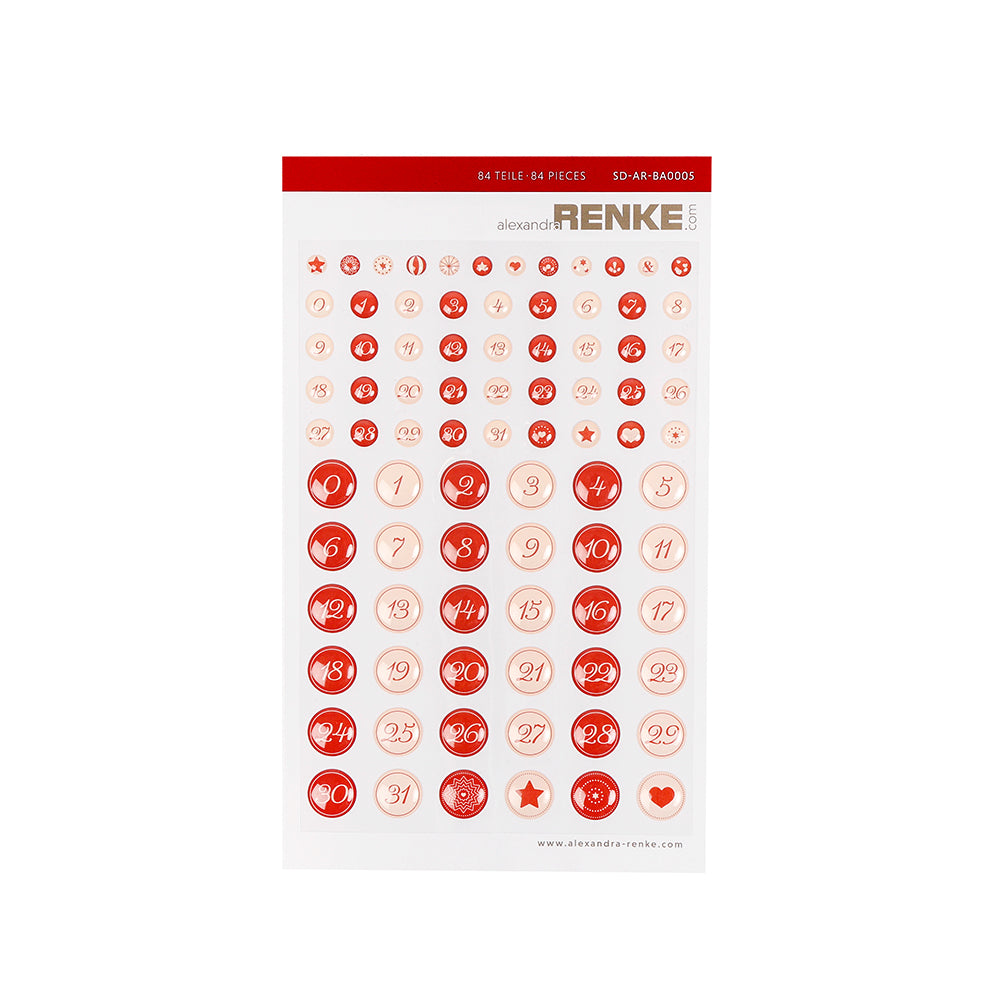 Der Stickerbogen von Alexandra Renke zeigt rote und weiße Zahlen- und Sternmotive in Reihen und Spalten - perfekt für die kreative Kartengestaltung oder um mit eleganten Stickerpunkten kalligrafisches Flair zu erzeugen.