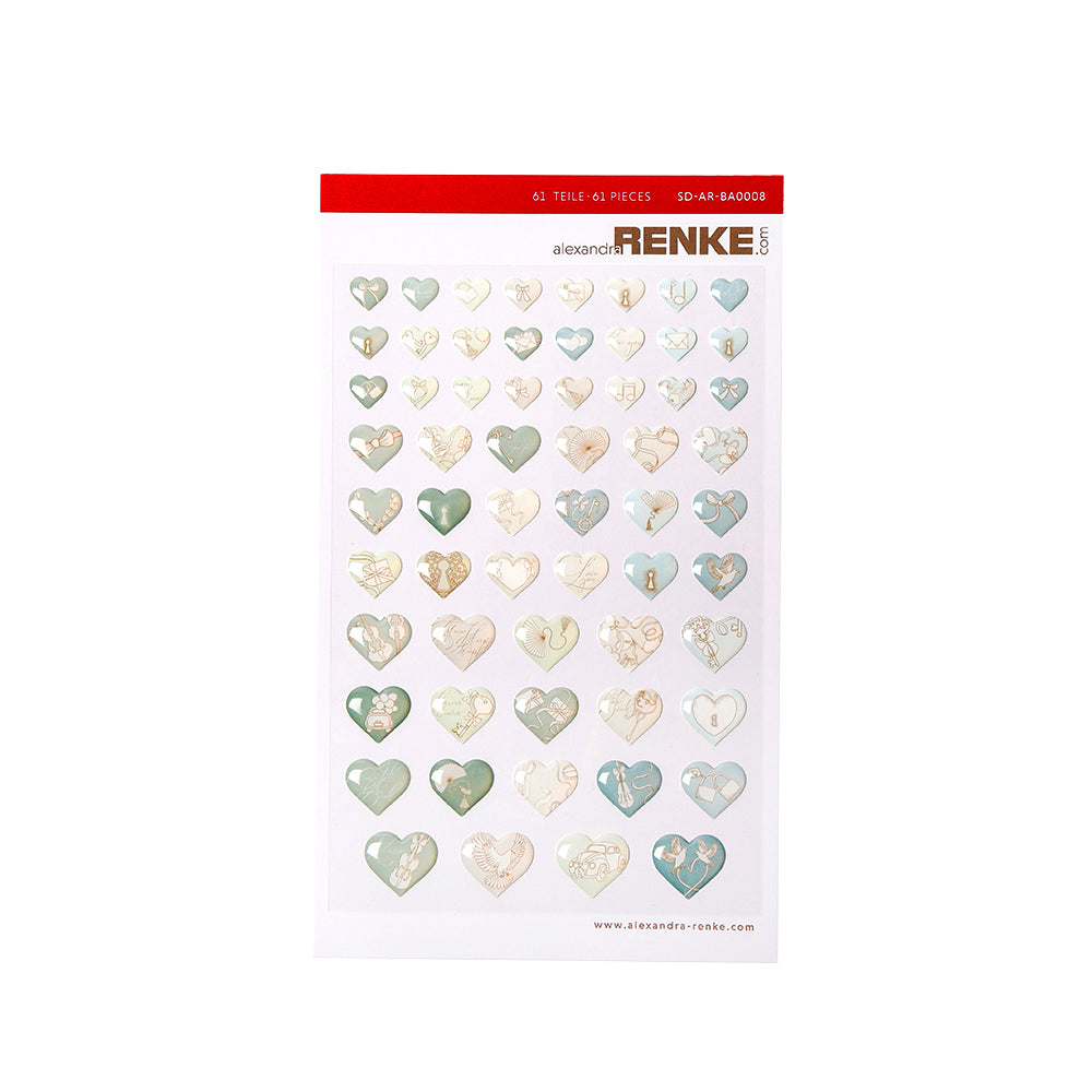 Ein Bogen mit 64 kleinen pastellfarbenen Herzform-Stickern von Alexandra Renke, jeder mit einzigartigen Mustern, perfekt für die Kartengestaltung, dargestellt auf einem weißen Hintergrund.