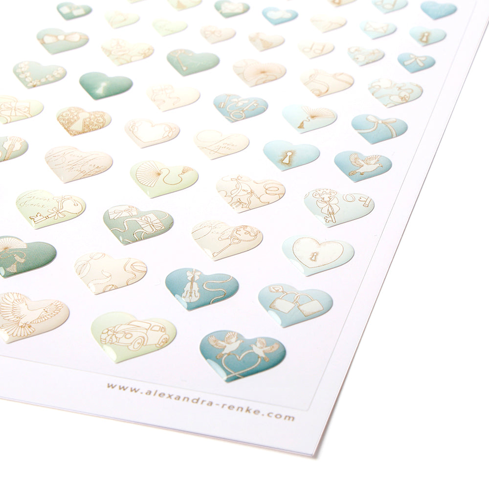 Der pastellfarbene Herzform Stickerbogen von Alexandra Renke zeigt weiße Strichzeichnungen von niedlichen Tieren und Gegenständen - ideal für die Gestaltung von Karten oder um jedem Projekt eine charmante Note zu verleihen.