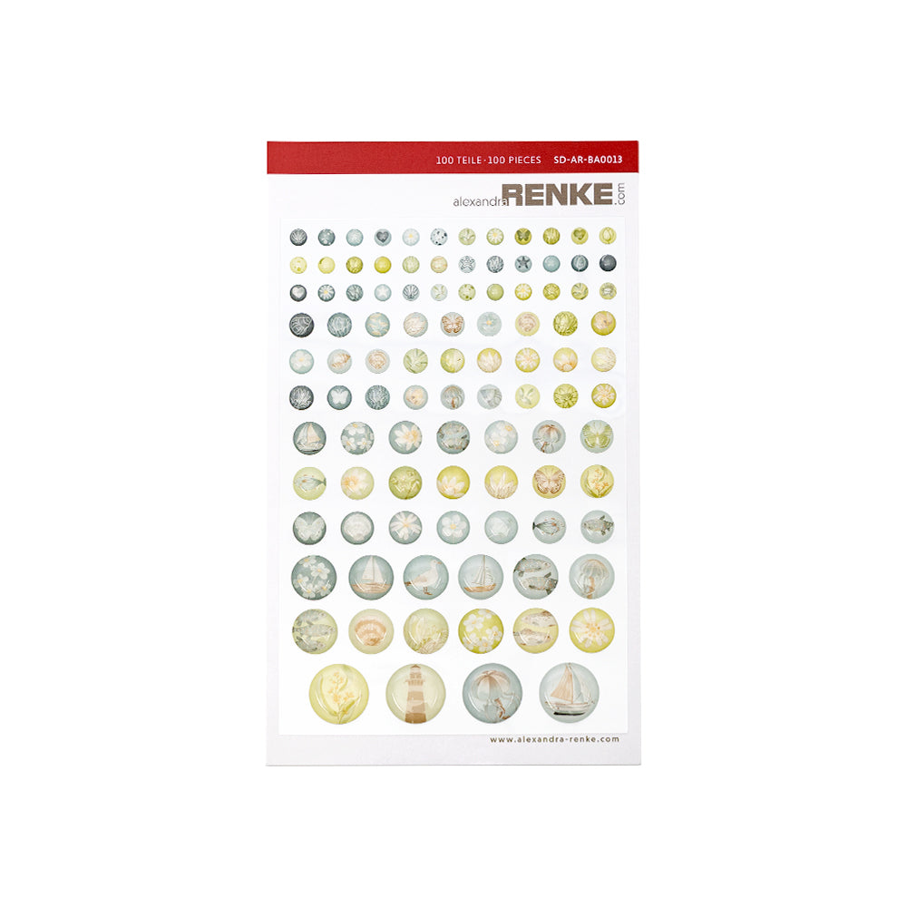 Ein Bogen mit runden Stickerpunkten von Alexandra Renke in sanften Pastelltönen der Meeresbrise, die von klein bis groß angeordnet sind - ideal für die Gestaltung von Karten oder um Ihren kreativen Projekten eine zarte Note zu verleihen.