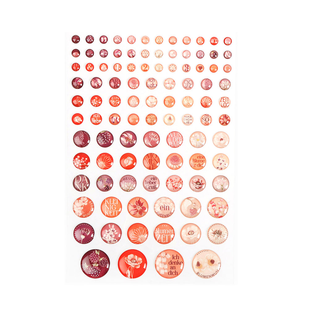 Bogen runder Sticker Dots von Alexandra Renke in roten und rosafarbenen Blumenmustern mit deutschem Text - ideal für Buchbindearbeiten, Deko, oder um Ihren Bastelarbeiten eine charmante Note zu verleihen.
