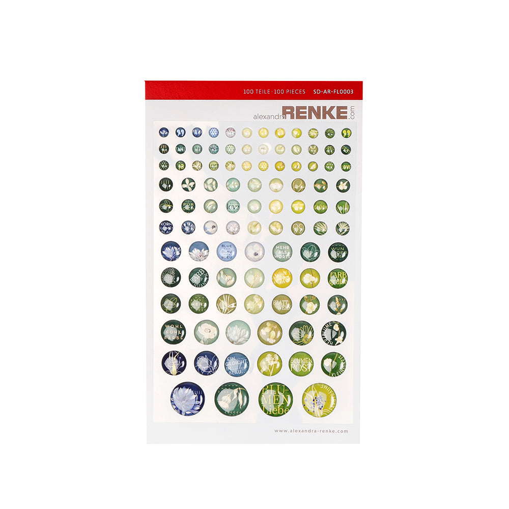 Ein Bogen mit 100 runden Aufklebern von Alexandra Renke mit Naturmotiven in Grün, Gelb und Blau - ideal für die Gestaltung von Karten oder als floraler Akzent für Ihre Blumenpost.