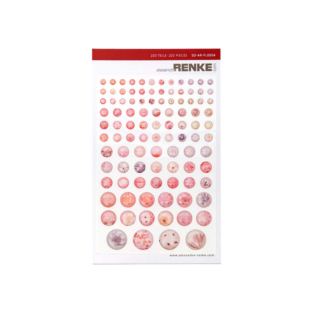 Ein Bogen kleiner runder Sticker Dots von Alexandra Renke in rosa und lila Aquarellfarben - ideal für die Gestaltung von Karten oder um Ihren Projekten einen floralen Touch zu verleihen.