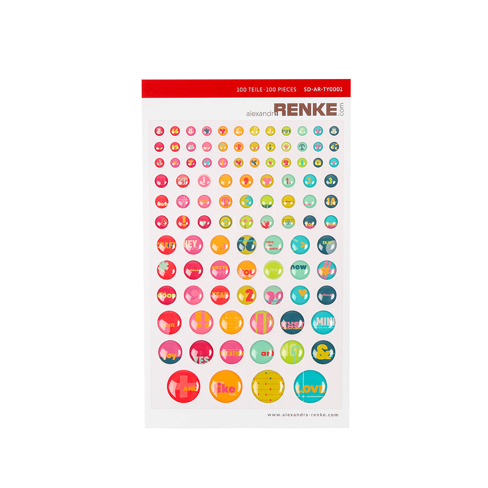 Ein Bogen bunter Sticker Dots von Alexandra Renke in verschiedenen Größen mit Mustern und Text auf weißem Hintergrund, perfekt für die Kartengestaltung oder kreative Dekoration.