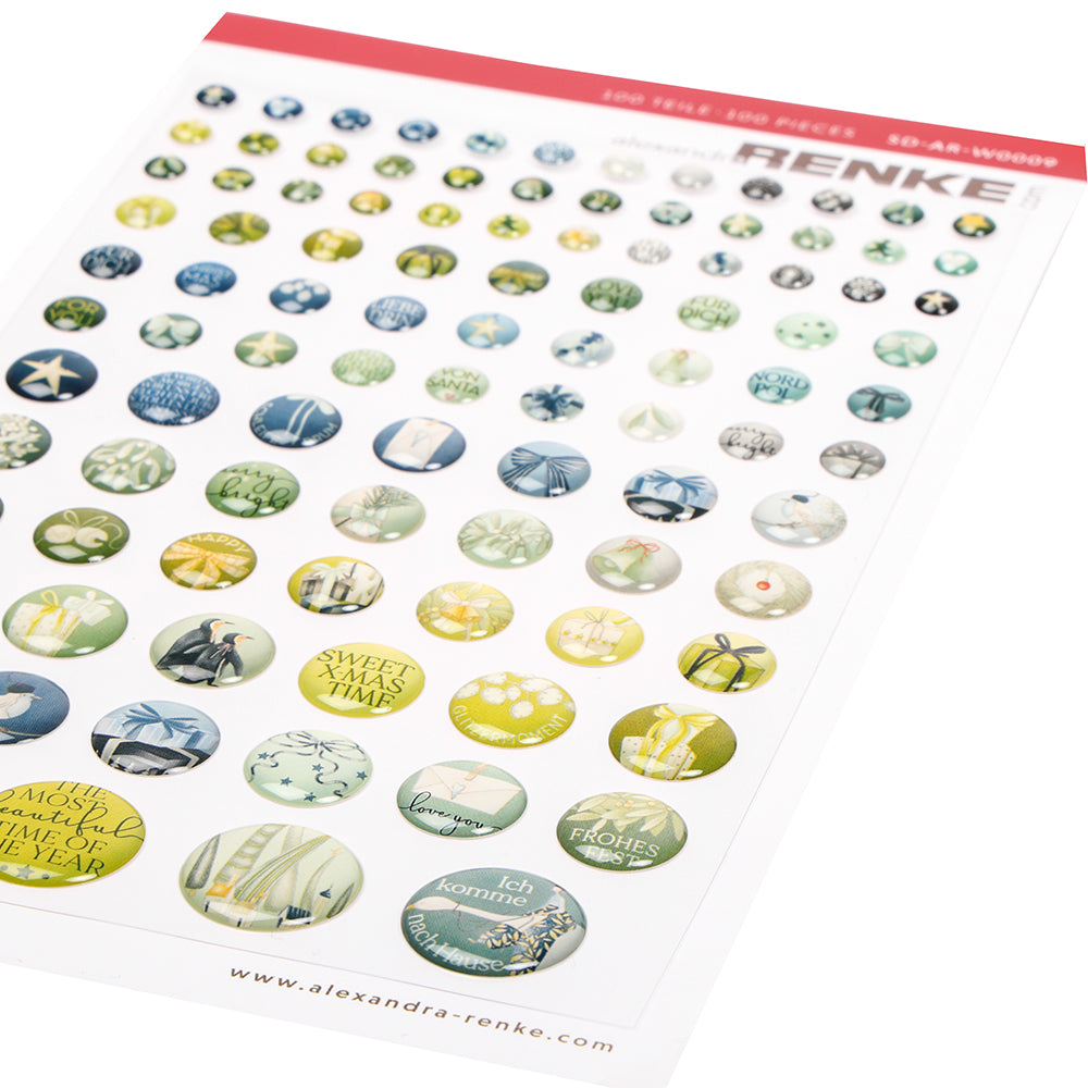 Ein Bogen Alexandra Renke runder Sticker Dots mit verschiedenen pastellfarbenen Motiven mit dezentem Tröpfcheneffekt, sauber angeordnet auf weißem Hintergrund - perfekt für die Kartengestaltung und kreative Projekte.
