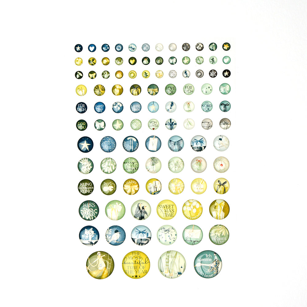 Ein Raster aus farbenfrohen Sticker Dots von Alexandra Renke, mit verschiedenen Designs, Icons und Text auf weißem Hintergrund - ideal für die Kartengestaltung oder das Verzieren Ihrer Lieblingsprojekte.