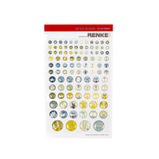 Ein Bogen mit 100 runden Sticker Dots von Alexandra Renke mit verschiedenen Farben und Mustern zum Basteln von Karten, alle auf weißem Hintergrund.