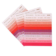 Vier Bögen rechteckiger Sticker-Streifen von Alexandra Renke in Rosa-, Rot- und Orangetönen mit deutschem Goldfolientext - ideal für die Gestaltung von Karten oder Geschenken.