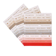 Vier Bögen Alexandra Renke Deutsch Wortsticker - ideal für Sticker-Streifen, Verzieren oder Kartengestaltung - in Weiß, Beige, Braun und Rosa mit eleganten goldenen und roten Akzenten.