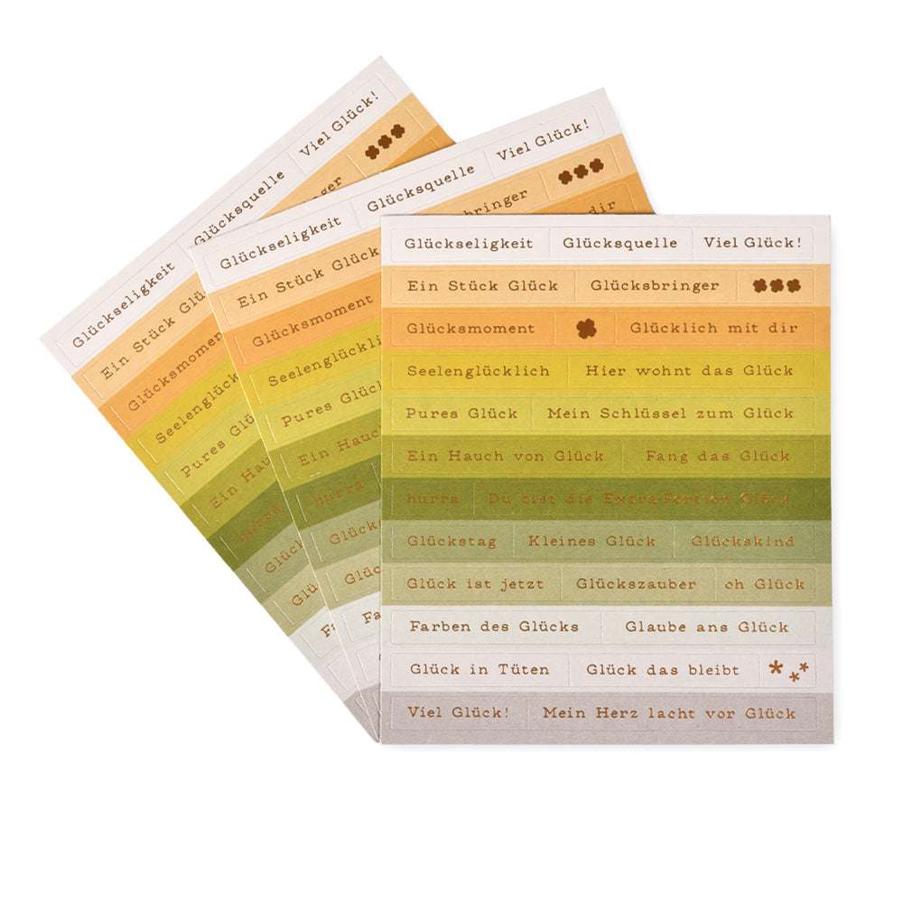Drei farbenfrohe Alexandra Renke Sticker-Bögen für die Kartengestaltung mit gelben, orangefarbenen und grünen Sticker-Streifen in Fächerform - perfekt, um Pures Glück in Ihre kreativen Projekte zu bringen.