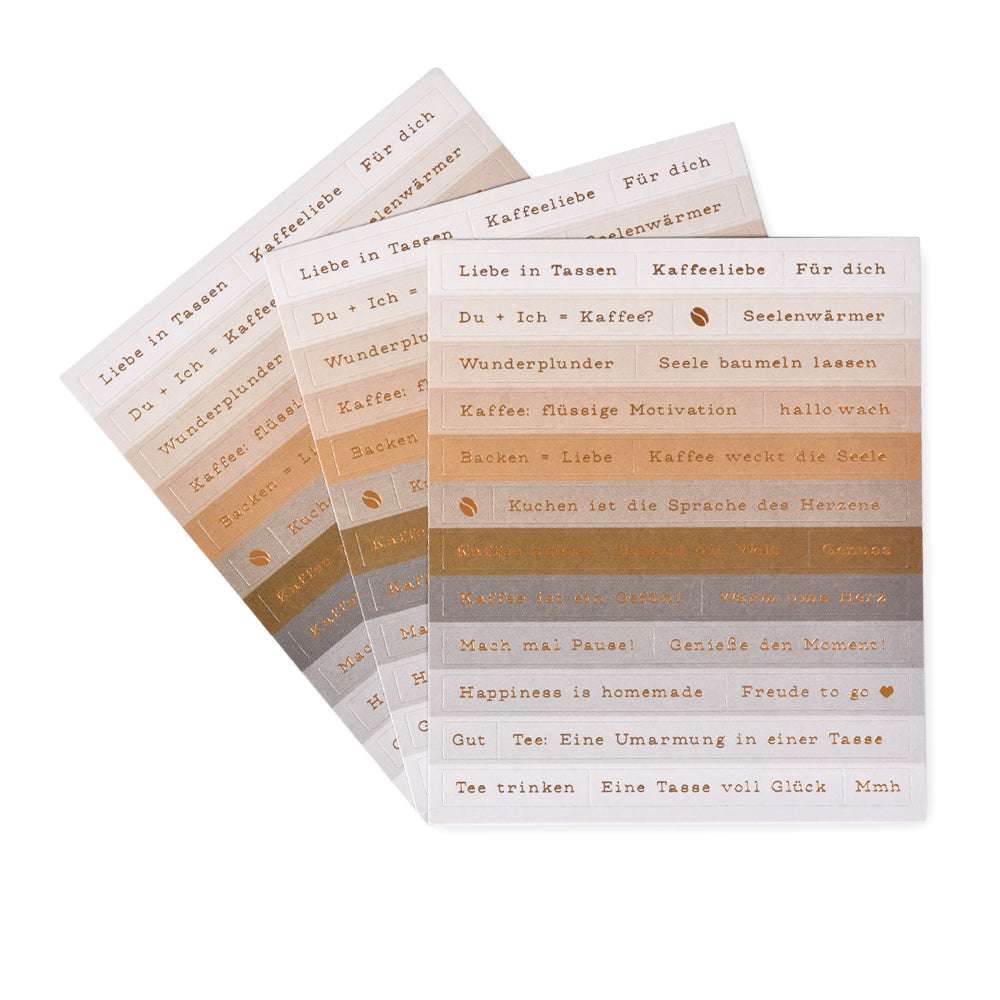 Vier Bögen Alexandra Renke Sticker-Streifen mit deutschen Sprüchen in Beige-, Braun- und Grautönen - ideal zum Basteln von Karten oder zum Teilen Ihrer Liebe zum Kaffee.