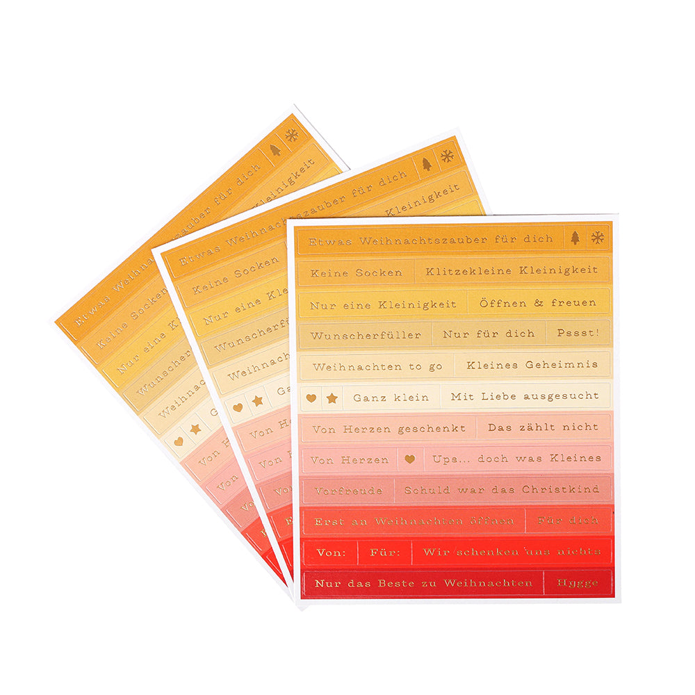 Drei Bögen Alexandra Renke-Weihnachtssticker mit Farbverlauf und deutschem Text in Gold, Orange und Rot - ideal zum Basteln von Karten oder zum Verzieren von Geschenken und Karten.