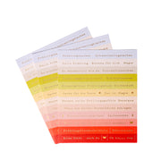 Vier bunte Bögen Alexandra Renke German phrase Sticker, perfekt für Kartengestaltung, sind fächerförmig auf einem weißen Hintergrund angeordnet. Bringen Sie Frühlingszauber in Ihre Projekte mit diesen farbenfrohen Sticker-Streifen!.