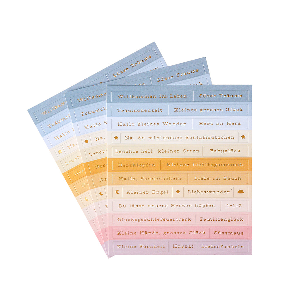 Vier pastellfarbene Sticker-Streifen-Bögen von Alexandra Renke mit deutschen Sprüchen wie "Willkommen im Leben" und charmanten Symbolen sind ideal für die Gestaltung von Karten und zur Dekoration Ihrer kreativen Projekte.