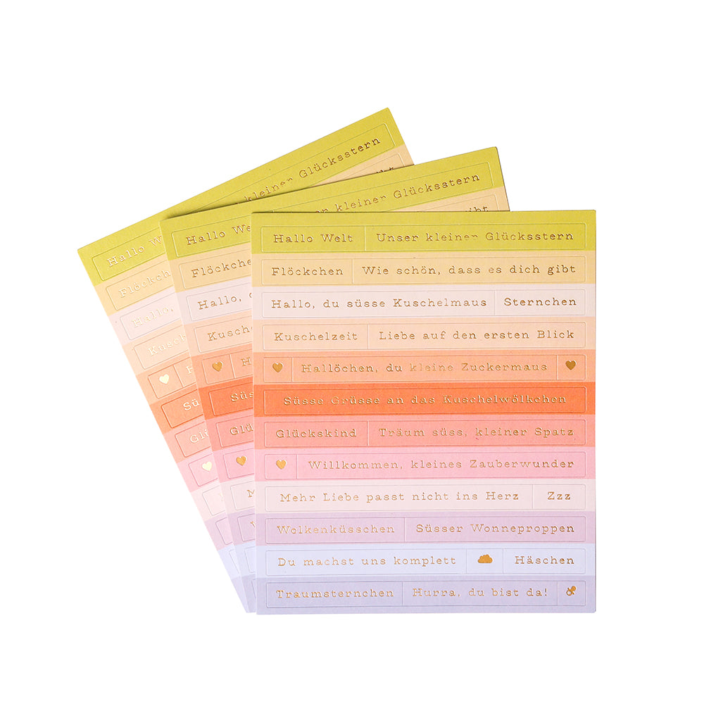 Vier Sticker-Streifen von Alexandra Renke in Pastellfarben mit goldenen deutschen Sprüchen - ideal zum Verzieren oder für die Kartengestaltung.