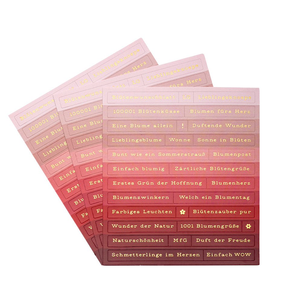 Vier rosafarbene Aufkleberbögen von Alexandra Renke zeigen deutsche Sprüche in goldener Schrift - ideal für die Kartengestaltung oder um mit charmanten Sticker-Streifen einen Hauch von Blumenzauber zu verbreiten.