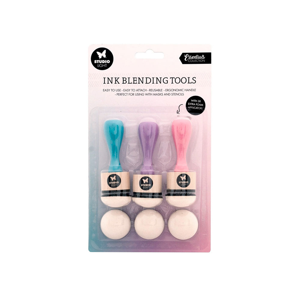 Set mit drei Studio Light Ink Blending Tools mit pastellblauen, violetten und rosafarbenen Griffen - jedes Set enthält ein Ersatz-Schaumstoffkissen - ideal für eine gleichmäßige Farbmischung bei Ihren kreativen Projekten.